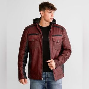 New mens sz M Buckle Black red wine moto faux casual business leather jacket